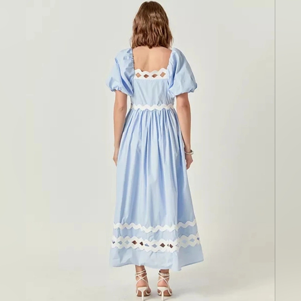 English Factory Scallop-Trim Cotton Midi Dress Sz L Blue Ecru Trim Nwt - Picture 3 of 16